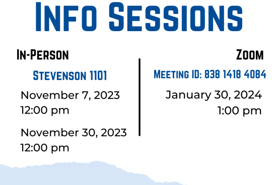 FAST Programs Info session dates for both in-person and zoom dates. In-person sessions will be in Stevenson 1101 on November 30th and Zoom on January 30, 2024.