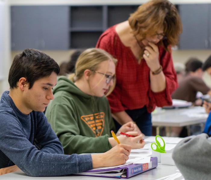 Students in classroom being helped by professor
